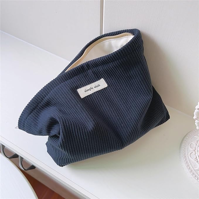 Wudygirl Cosmetic Bags for Women,Travel Makeup Bag,Aesthetic Women Handbags Purses,Large Capacity Corduroy Toiletry bag Zipper Pouch(Navy Blue)