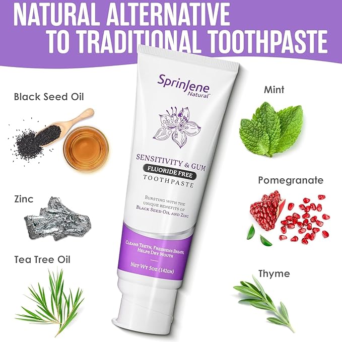 SprinJene Natural Fluoride Free Toothpaste for Sensitive Teeth & Gums – Patented Toothpaste with Black Seed Oil & Zinc – Vegan Dry Mouth Prevention for Fresh Breath – Made in The USA (1 Pack)
