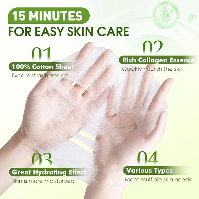 72 Pack Bulk Hydrating Face Masks Skincare, Collagen Sheet Face Mask for Dry, Oily Skin, Spa Gifts for Women Skin Care, Christmas Gifts and Stocking Stuffers for Women (9 Types x 8 Pcs)