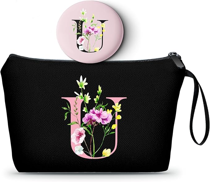 SEAMOON Birthday Bridal Shower Unique Initial Gifts for Women Mom Sister Daughter Friend Bff Personalized Travel Makeup Cosmetic Bag with Mirror Valentines Mothers Day Christmas Graduation U