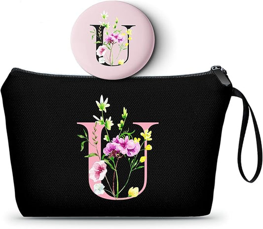 SEAMOON Birthday Bridal Shower Unique Initial Gifts for Women Mom Sister Daughter Friend Bff Personalized Travel Makeup Cosmetic Bag with Mirror Valentines Mothers Day Christmas Graduation U