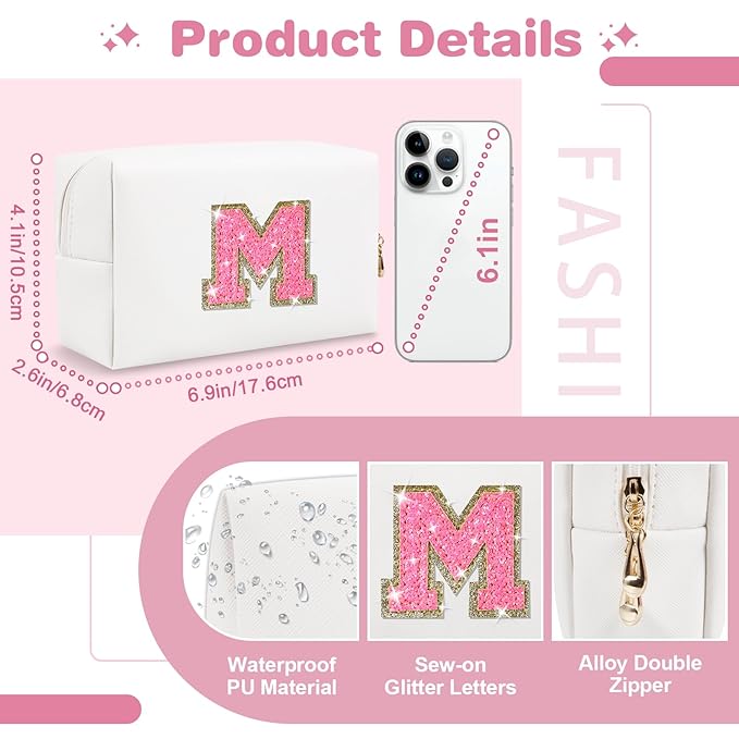 Small Personalized Initial A-Z Patch Makeup Bag,White Cute PU Leather Glitter Letter Cosmetic Bag for Teen Girls,Travel Toiletry Bag with Zipper,Preppy Monogrammed Birthday Gift for Daughter Niece M
