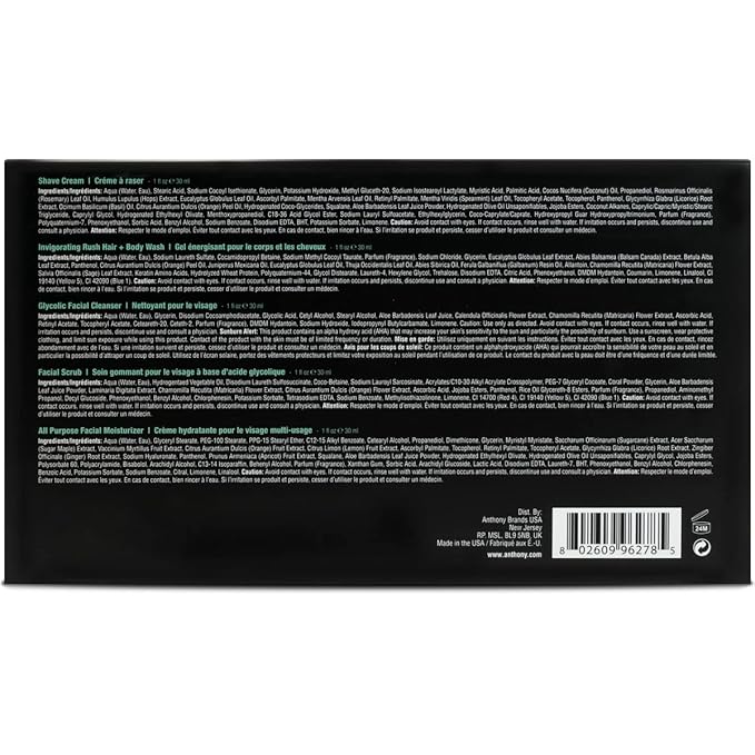 Anthony Starter Kit, 5 Count, Glycolic Facial Cleanser, Facial Scrub, All Purpose Facial Moisturizer, Invigorating Rush Hair & Body Wash, Shave Cream