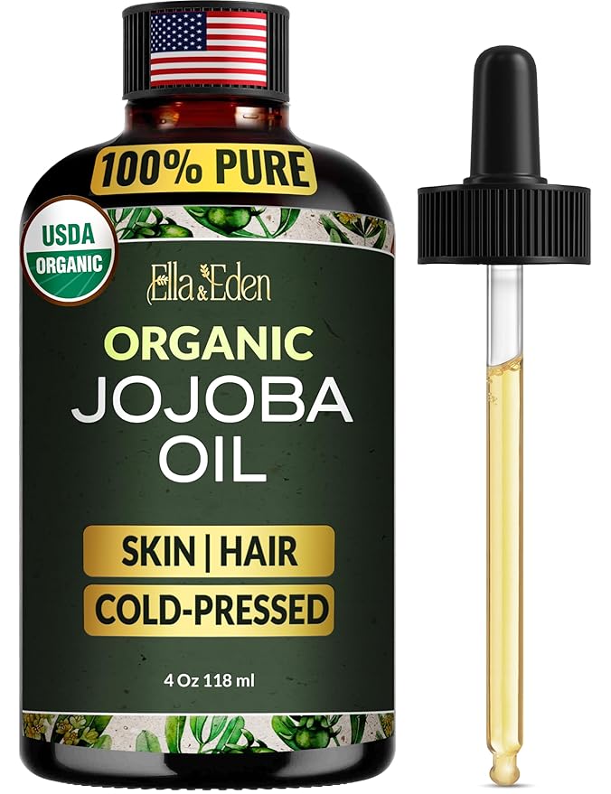 Ella & Eden Organic Jojoba Oil – USDA Certified, Cold-Pressed, 100% Pure & Unrefined, Hexane-Free Oil for Skin, Face, Hair & Nails – 4 Oz Glass Bottle