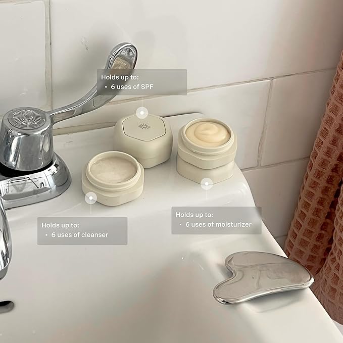 Cadence Travel Containers Basic Skincare Set - Magnetic Containers with Lids,Carry On Travel Essentials For Women/Men - 3 Small Capsules (0.56oz) - Cleanser, Moisturizer & Sun-Icon Labels - Sand