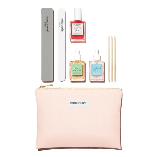Manucurist Active Discovery Kit - Nail Care Set, Vegan & Made in France: 1 Nail File, 1 Nail Buffer, 1 Cuticle Remover, 3 Wood Cuticle Pushers, 1 Active Glow, 1 Serum - Christmas Gifts for Women