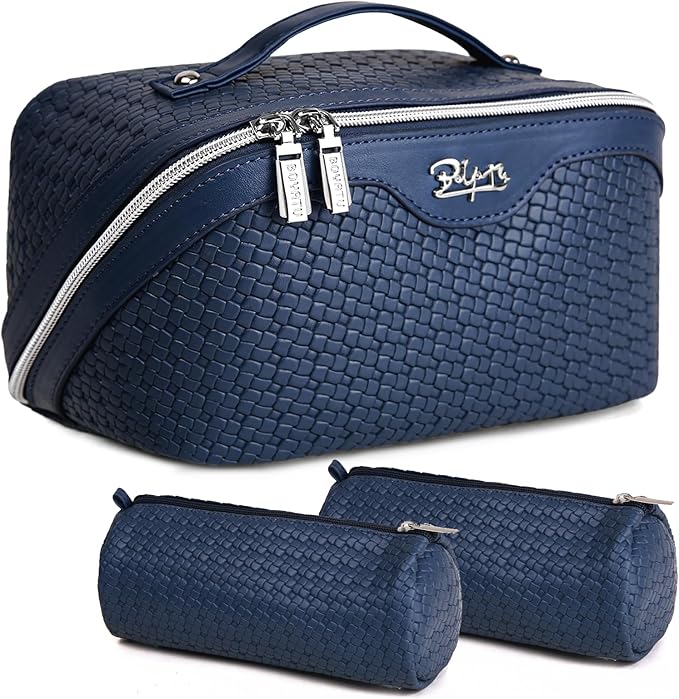 BOYATU Travel Makeup Bags for Women: Large Cosmetic Bag - 3 Set Make up Bags with Compartments - Vegan Leather Makeup Organizer Wide Open Portable Pouch (L20 Blue)