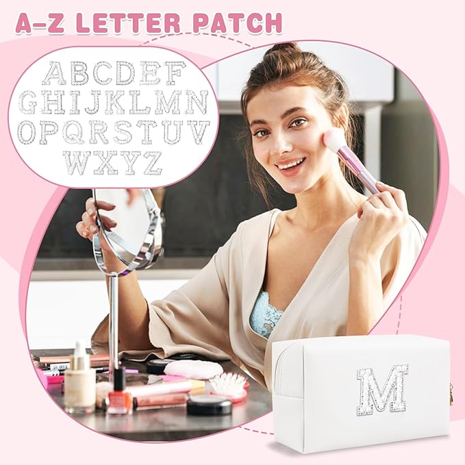 Bride Gifts – Personalized Initial Makeup Bag with Pearl Rhinestone Patch, Preppy White Monogram Cosmetic/Toiletry Pouch, bridesmaid Gifts, Bridal Shower Gifts, Wedding Gifts, Bridal Gifts,M