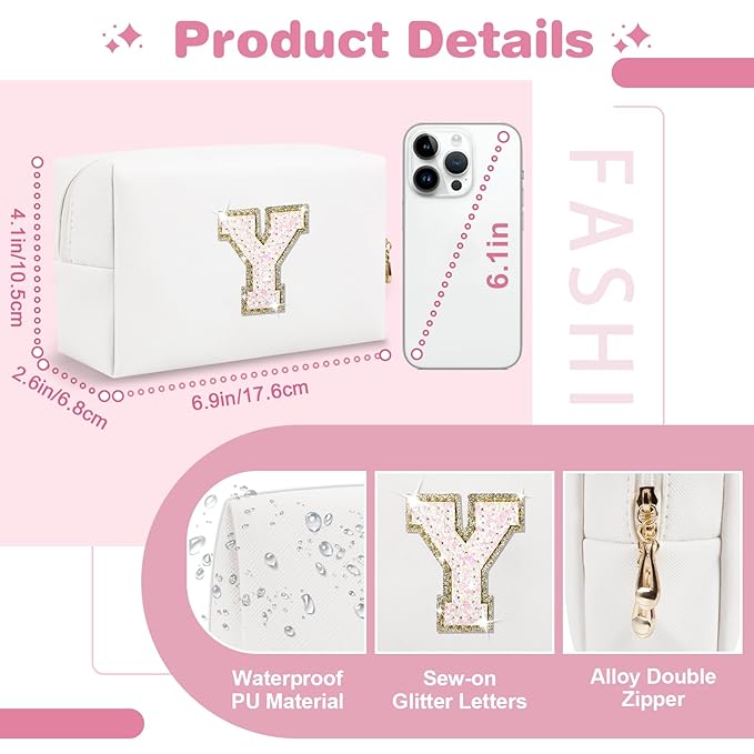 Small Initial Patch Makeup Bag Personalized Gifts Make Up Bag,White Cute PU Leather Glitter Letter Cosmetic Bag with Zipper,Trendy Portable Travel Toiletry Pouch,Preppy Stuff for Teen Girls Women Y