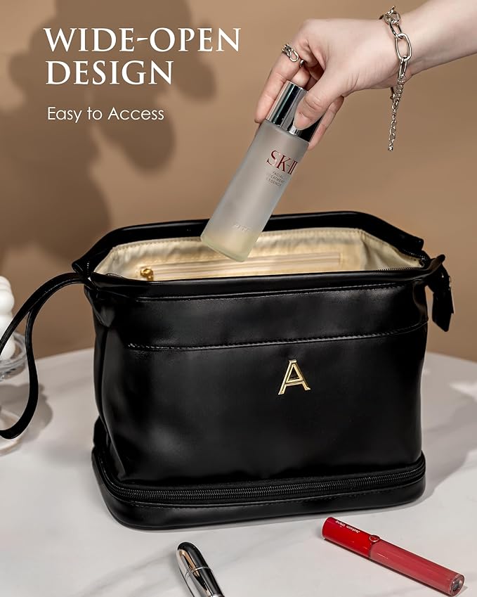 Gifts for Girls, Initial Large Makeup Bag, Personalized Double Layer Cosmetic Bag with Makeup Brush Organizer, PU Leather Travel Toiletry Bag Gift For Daughter, Preppy Things For Girls