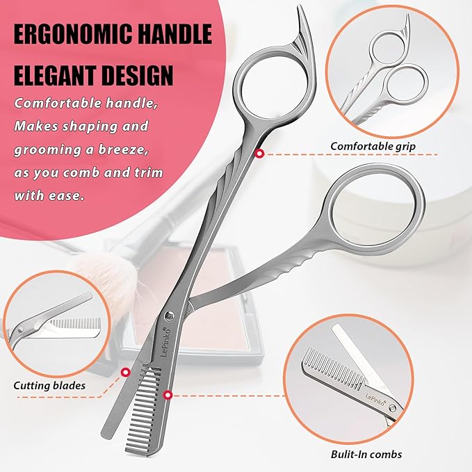 Eyebrow Trimming Scissors with Combs, Eyebrow Trimmers, Eyebrows Shaping Grooming Kit, Gifts for Men Women Stocking Stuffers, Powder Steel Sliver