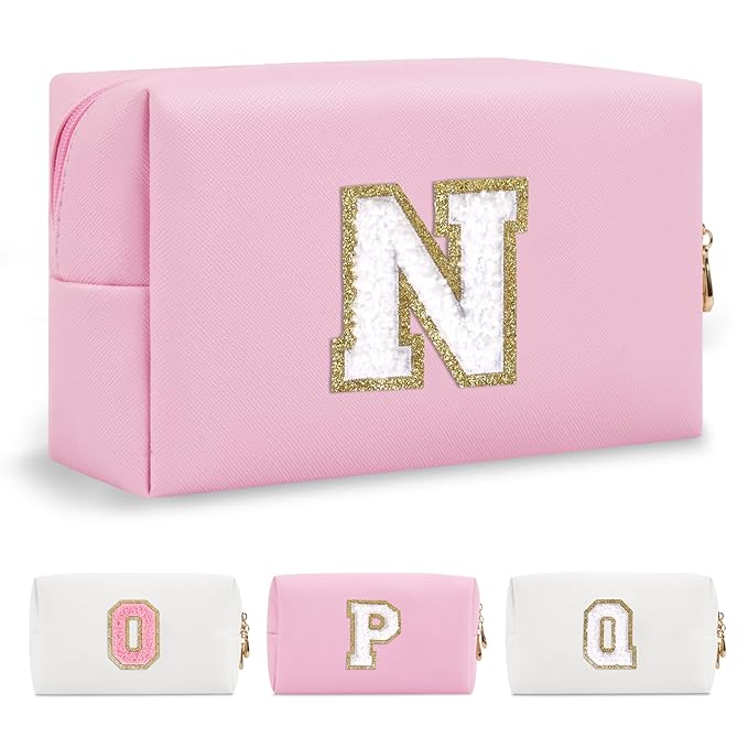 Personalized Initial A-Z Preppy Patch Makeup Bag,Small PU Chenille Letter Cosmetic Bag with Zipper for Teen Girls,Pink Cute Toiletry Organizer Bag,Monogram Makeup Case Gift for Women Girls,Letter N
