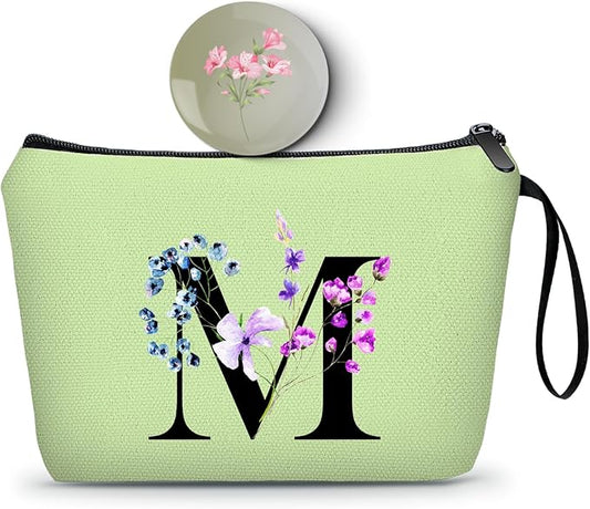 Women Birthday Maid of Honor Monogrammed Gifts for Bride Bridesmaid Sister Friend Her Teacher Makeup Cosmetic Bag with Mirror Mothers Day Christmas Graduation M