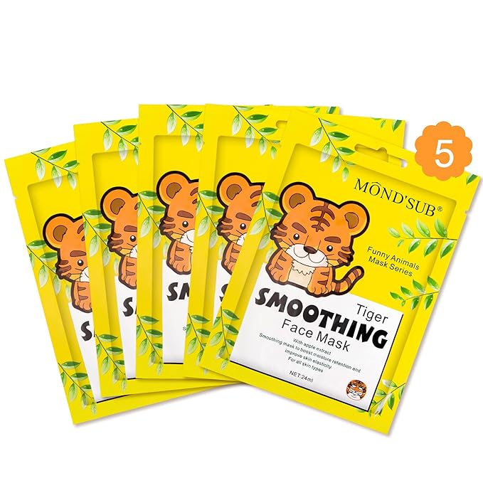 Animal Spa Beauty Mask, Character Masks Sheet-(Pack of 5) Tiger Smoothing Firming Nourishing Moisturizing Effects For All Skin Types- Birthday Party Gift for her, Girls Night, Spa Night, Beauty Gift