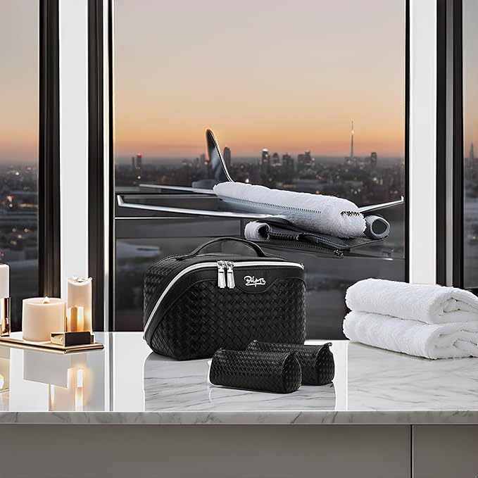 BOYATU Travel Makeup Bags for Women: 3 Pcs Large Make up Bags Set - Vegan Leather Cosmetic Bag for Traveling - Waterproof Toiletry Organizer (L03 Black)