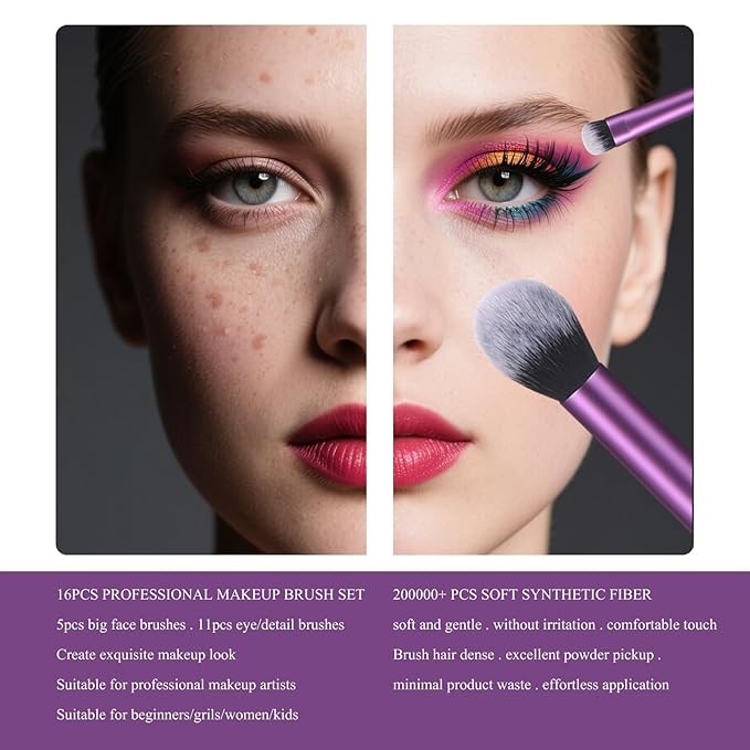 111 Makeup Brushes Set 22 Pcs Makeup Kit With Case Premium Soft Synthetic Hair Foundation Brush Concealer Brush Eyeshadow Brush Make up Brushes Set With Beauty puff (Purple, 22pcs)