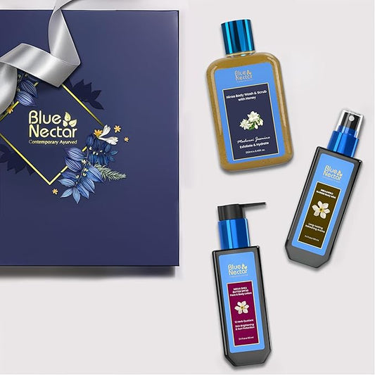 Blue Nectar Premium Ayurvedic Beauty Gift Set for Women & Men | Body Lotion, Wash & Mist with Herbal Ingredients | Ideal Christmas Holidays Gift for Mom, Dad, Girlfriend, Boyfriend & Coworkers