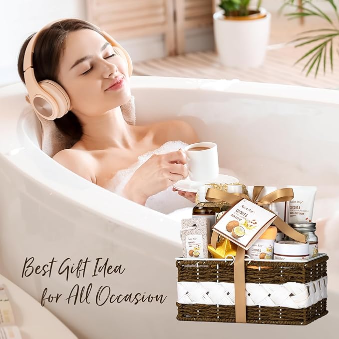Spa Gift Basket Luxury Bath and Body Basket Set 17-Piece Coconut Honey Almond for Women for Mom for Her Pampering Large Luxury Home Spa Kit, Relaxing Self Care Pamper Gifts Birthday Bridal Shower Bath