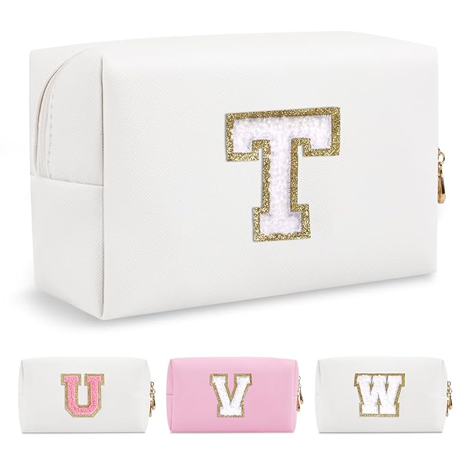 Small Personalized Initial A-Z Preppy Patch Makeup Bag,White PU Chenille Letter Travel Cosmetic Pouch with Zipper,Cute Toiletry Bag,Gift Ideal for Teen Girls Women Teacher Bridesmaid,Letter T