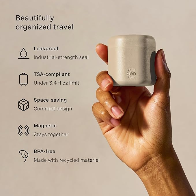 Cadence Travel Containers - Full Skincare Set - Magnetic Containers with Lids,Carry On Travel Essentials For Women/Men - 2 Small (0.56oz), 4 Medium Capsules (1.32oz), & Extender (1.43oz) - Sand
