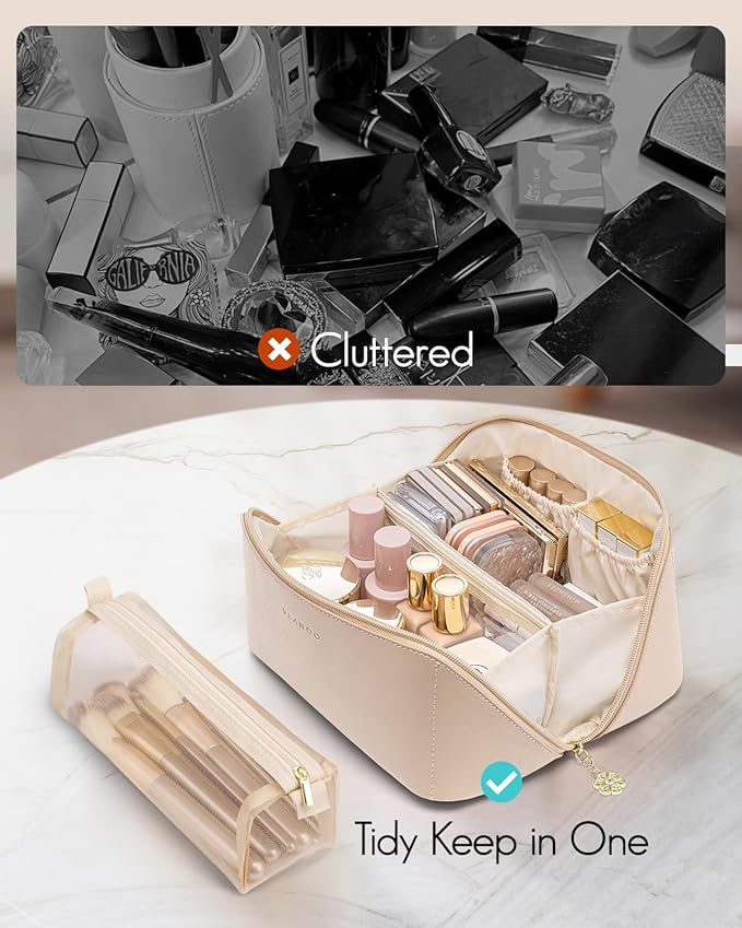 Vlando Makeup Bag,Gifts for Teachers,Large Capacity Toiletry Bag for Women Waterproof Portable Make up Pouch PU Leather Open Flat Cosmetic Bag(Toffee)