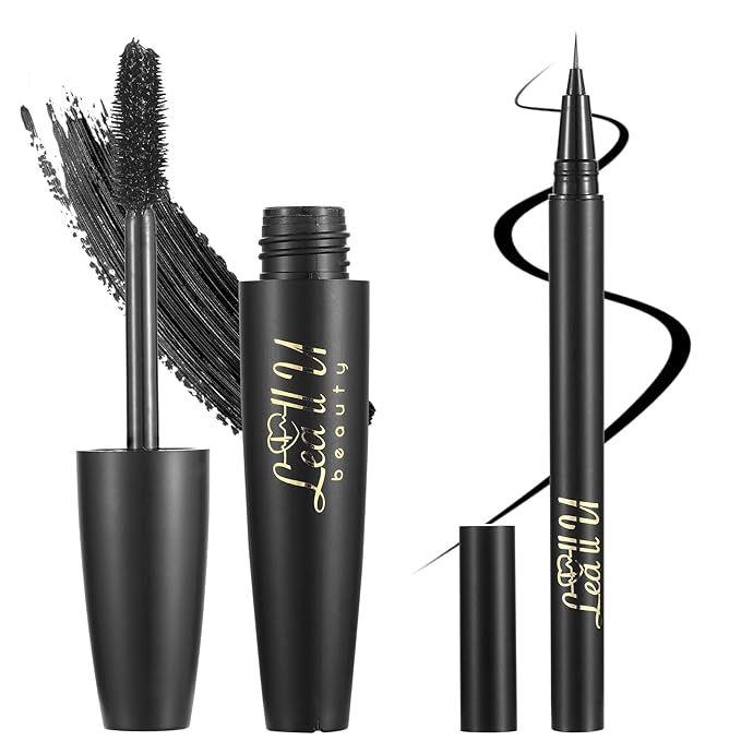 4D Mascara And Eyeliner Set Black Brown Long Lasting Mascara Waterproof Eyeliner Kit (Black)