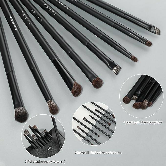 Eye Makeup Brushes 8pcs Eyeshadow Makeup Brushes Set with Soft Synthetic & Natural Hair, Real Wood Handle with Bag for Eyeshadow, Eyeliner, Blending, Eyebrow, Pure Black