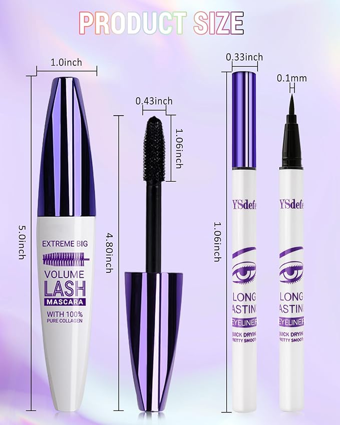 Blue Mascara Liquid Eyeliner Set, Update Longlasting Waterproof Color Eye Liner Pen, 5D Silk Fiber Colored Mascara Volume and Length, Christmas Party Stage Use Eye Makeup Gift Kit for Women Girl-04