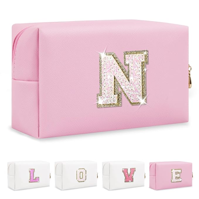 Small Personalized Initial A-Z Patch Makeup Bag,Pink Cute PU Leather Glitter Letter Cosmetic Bag for Teen Girls,Travel Toiletry Bag with Zipper,Preppy Monogrammed Birthday Gift for Daughter Niece N