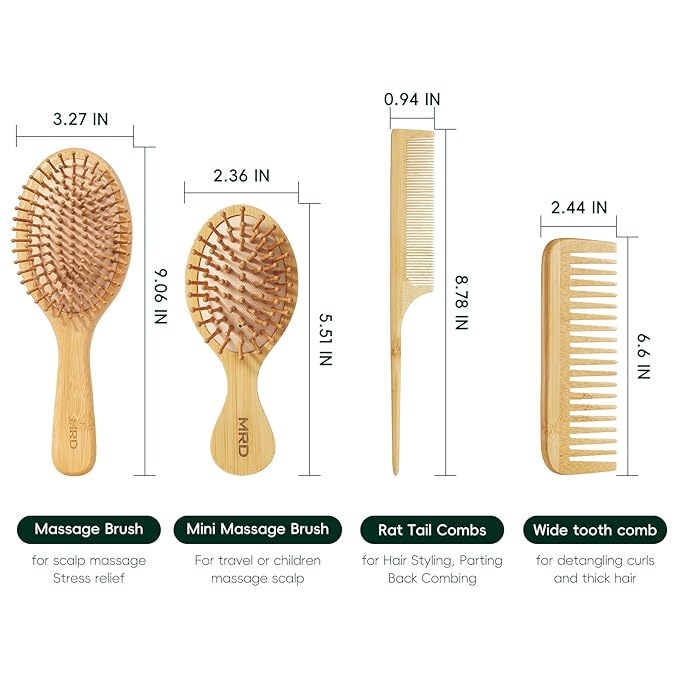 MRD Bamboo Hair Brush Set, 4-Piece Detangling Hairbrush and Comb Kit, Paddle Brush for Women Men Kids, All Hair Types-Gift Box