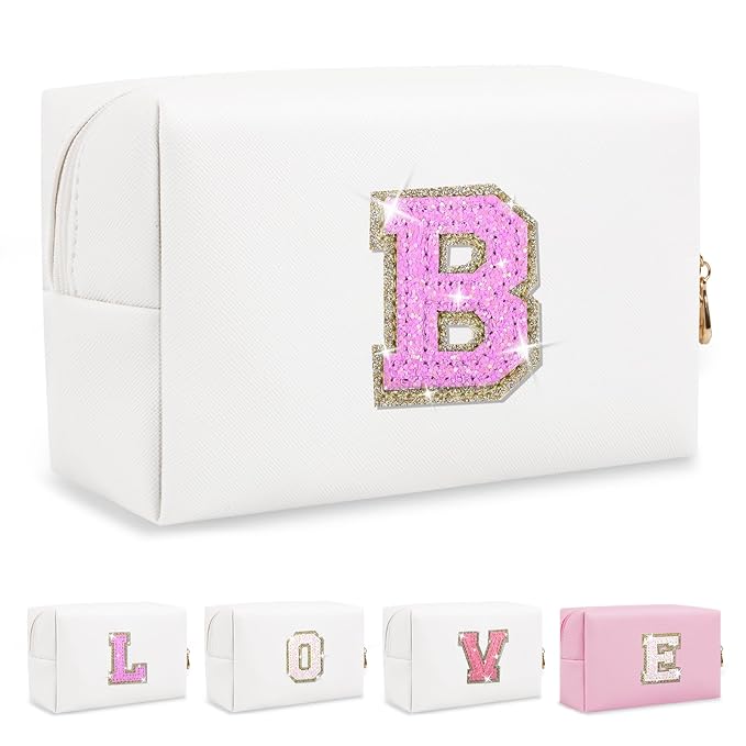 Small Initial Patch Makeup Bag Personalized Gifts Make Up Bag,White Cute PU Leather Glitter Letter Cosmetic Bag with Zipper,Trendy Portable Travel Toiletry Pouch,Preppy Stuff for Teen Girls Women B