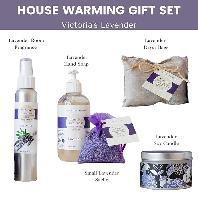 Victoria's Lavender Home Essential Products Set - Made in the USA Collection, Includes Soy Candle, Room Spray, Hand Soap, Organza Sachets, Dryer Bags, Ideal Gift Set for Home Buyers - Lavender (5 Pcs)