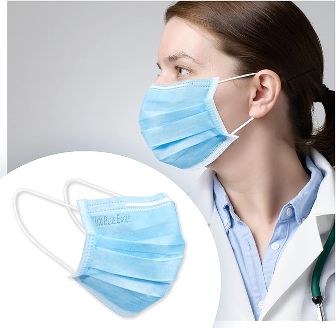 3-PLY BlueEagle Individually Wrapped Disposable Adult Face Masks | Fit for Large Face | with Soft Comfortable Inner Layer | For Men and Women | Blue Color - 50 Pcs (Sky Blue)