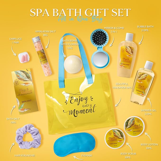 Gifts for Women Gift Basket Tote Bag set for Women, 13 Pc Almond & Honey Beauty & Personal Care Set, Home Bath Pampering Package unique gifts, Spa Self Care Kit, Thank You, Birthday, Mom Gift