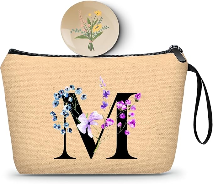 Women Birthday Maid of Honor Monogrammed Gifts for Bride Bridesmaid Sister Friend Her Teacher Makeup Cosmetic Bag with Mirror Mothers Day Christmas Graduation M