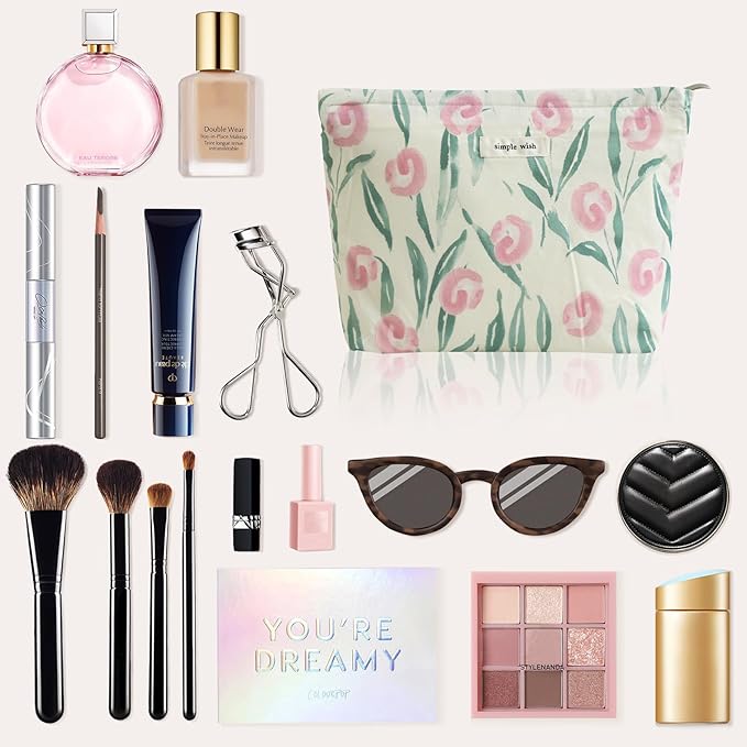 Wudygirl Cute Makeup Bag for Women - Travel Cosmetic Bag with Zipper Makeup Pouch Floral Make up Organizer Handbag Aesthetic (White Tulips)