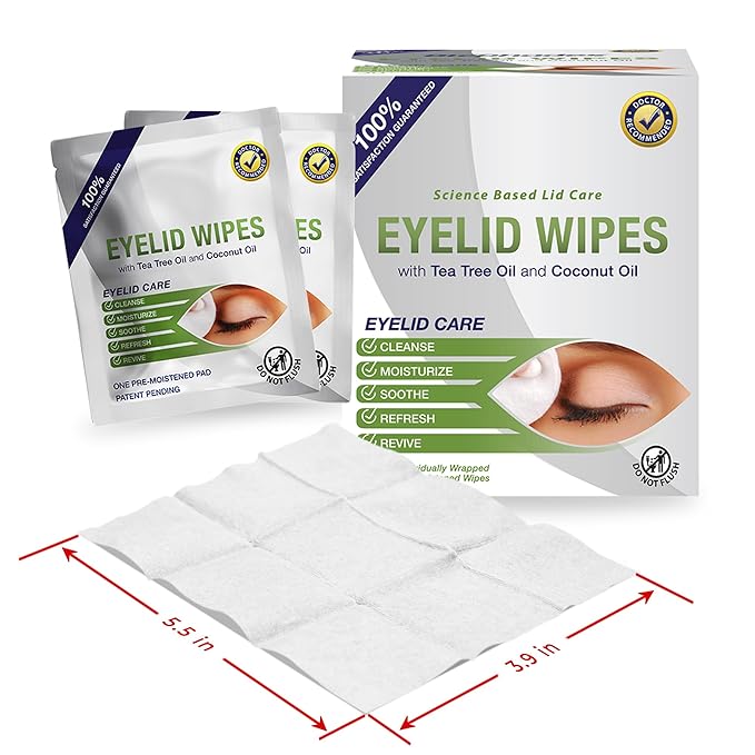 Lunovus Premium Eyelid Wipes With Tea Tree and Coconut Oil - Cleansing Wipes for People Itchy Eyes - Individually Wrapped - Box Of 30 Natural Eye Wipes