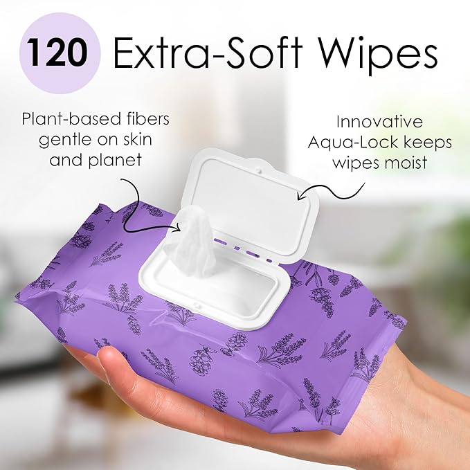 Lavender Face Wipes - 120 pcs - Gentle Makeup Remover Wipes for Women - Facial Cleansing Wipe with Aloe, Castor, Vitamin A and E - Extra Soft - Moisturizing