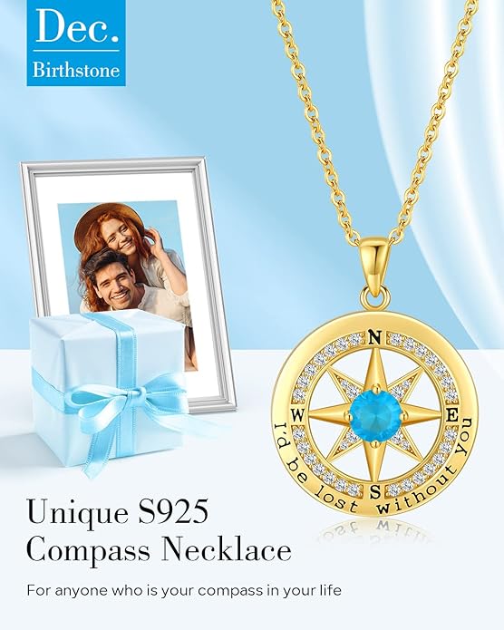 S925 Necklace Gift for Wife |Compass Jewelry |Women Anniversary |Sterling Silver |Girlfriend Birthday Gifts for Her Valentines |I'd be Lost without You |Jewel 18K Gold