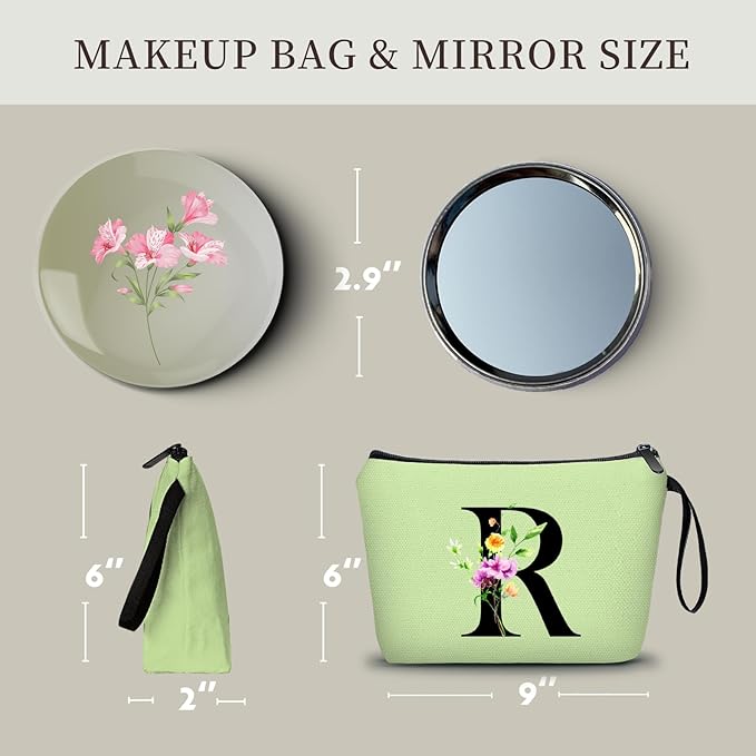 Women Birthday Maid of Honor Monogrammed Gifts for Bride Bridesmaid Sister Friend Her Teacher Makeup Cosmetic Bag with Mirror Mothers Day Christmas Graduation R