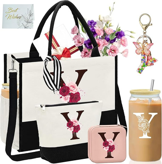 Birthday Gifts for Women,Initial Canvas Tote Bag,Monogrammed Gift for Women,16oz Initial Glass Cup,Makeup Bag with Zipper,Jewelry Organizer Box,Personalized Gifts for Mom-Y