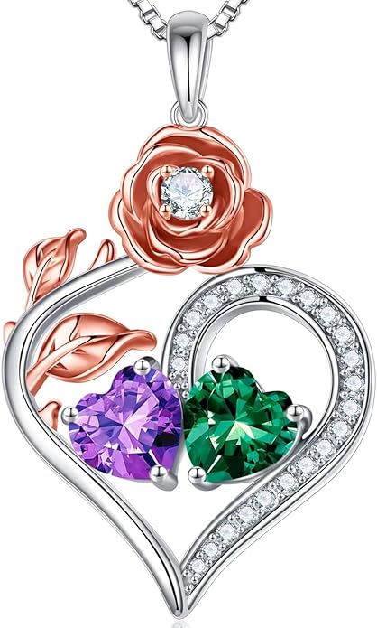Iefil Rose Heart Birthstone Necklaces for Women - 925 Sterling Silver Double Birthstone Necklace, Anniversary Birthday Gifts for Women, Jewelry Gifts for Wife Her
