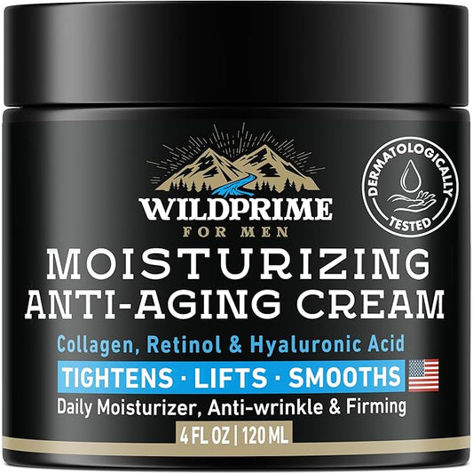 Men's Face Moisturizer Cream - Anti Aging & Wrinkle - Made in USA - Collagen, Hyaluronic Acid, Vitamins E & A, Avocado Oil - After Shave Lotion - Age Facial Skin Care, Day & Night Moisturizing, 4 oz