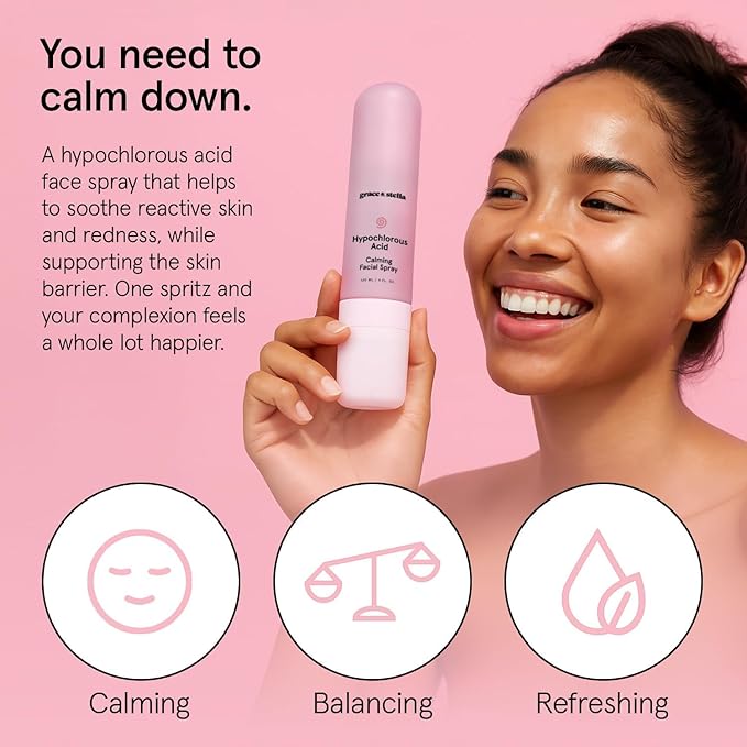 grace & stella Hypochlorous Acid Spray for Face - Body Acne Spray - Gentle Face Mist to Calm Redness & Flare-Ups Back Acne - Soothing Facial Mist for Sensitive Skin - Travel Size (60 ml/2 fl oz)
