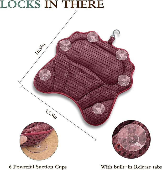 Bath Pillow RUVINCE Ergonomic Luxury Bathtub Pillow with Head,Neck, Shoulder and Back Support, 4D Bath Pillows for tub with 6 Powerful Suction Cups, Fits All Bathtub, Spa Tub, Hot Jacuzzi (Dark red)