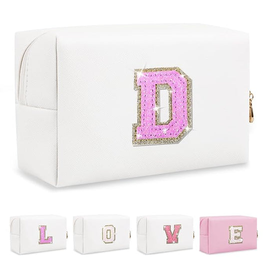 Small Initial Patch Makeup Bag Personalized Gifts Make Up Bag,White Cute PU Leather Glitter Letter Cosmetic Bag with Zipper,Trendy Portable Travel Toiletry Pouch,Preppy Stuff for Teen Girls Women D