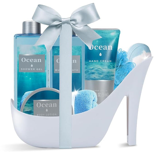 Ocean Bliss Gifts for Women Spa Basket, High Heel Bath Set with Sea Salt Scrub & Refreshing Gel, Birthday, Anniversary Gifts for Her, Best Friend, Sister ASIN B0FJFJ5WJM
