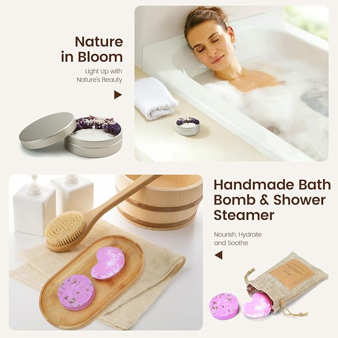 Bath Gift Set, Spa Gifts for Women, Self Care Products for Women, Lavender & Cream Soap Bar, Calm Pillow Mist, Bath Bomb & Shower Steamer, Body Butter and Lip Balm