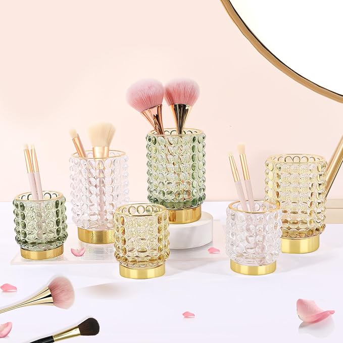 DASITON Makeup Brush Holder Organizer, Crystal Cosmetic Make Up Brush Holder, Glass Makeup Brushes Storage Organizer, Vintage Make Up Cup Desk Pen Pencil Holder, Toothbrush Holders (Clear S)