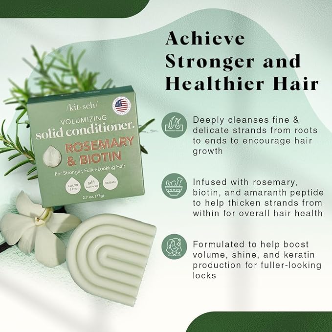 Kitsch Rosemary & Biotin Volumizing Hair Conditioner Bar for Hair Growth & Thickening – Hydrating & Cleansing Hair Conditioner for Women & Men - Paraben, Silicone & Sulfate Free - Made in USA - 2.7 oz